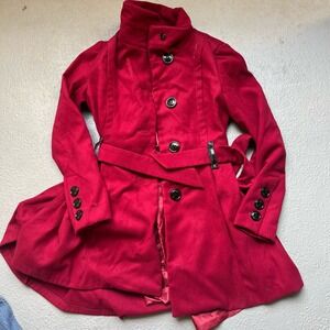 Steve Madden Red Wool Blend Belted‎ Button Front Coat Jacket S/P